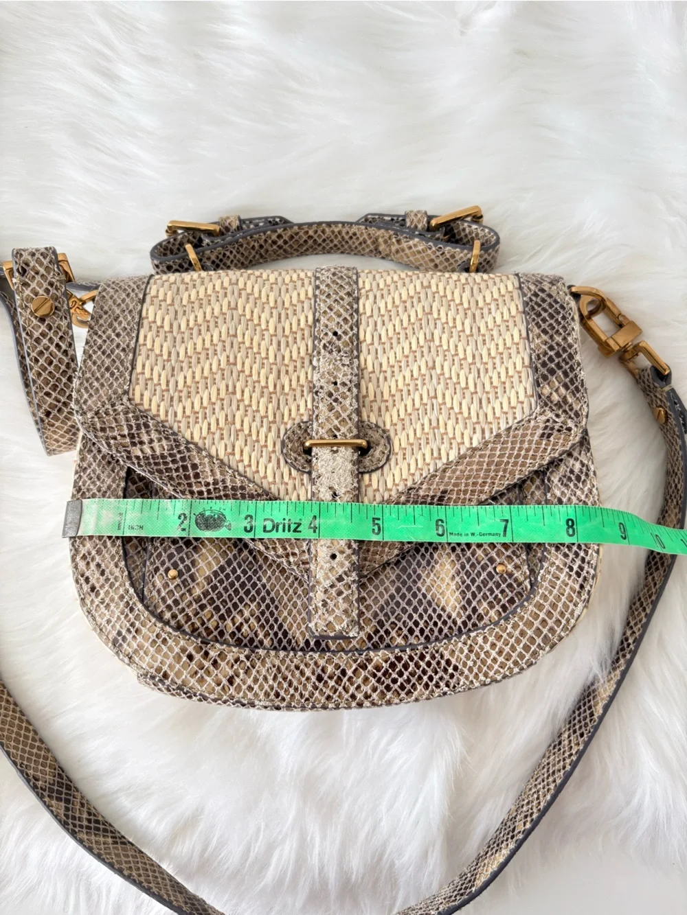 Tory Burch 797 Medium‎ Natural Raffia Snakeskin Print Flap Satchel Shoulder Bag.